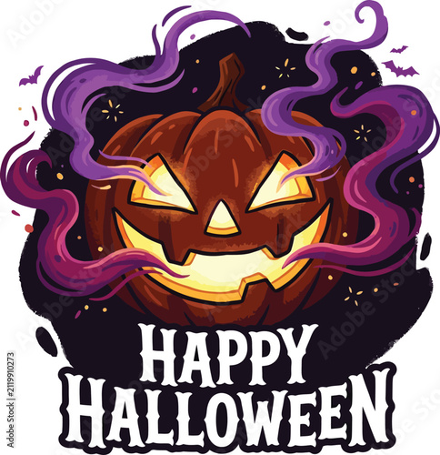 Spooky happy halloween pumpkin with purple smoke design jack o lantern halloween seasonal celebration mysterious illustration