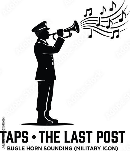 Obraz na płótnie Military bugler playing Taps during a solemn ceremony with musical notes against