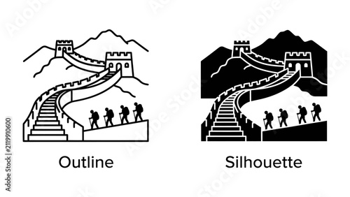 Great Wall Icons: Two distinct representations of the Great Wall of China, one in outline and the other as a silhouette.