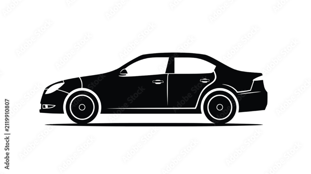 Fototapeta premium Sedan vehicle shown from a side profile perspective features smooth aerodynamic curves and a solid black silhouette design suitable for automotive marketing or transportation industry branding.