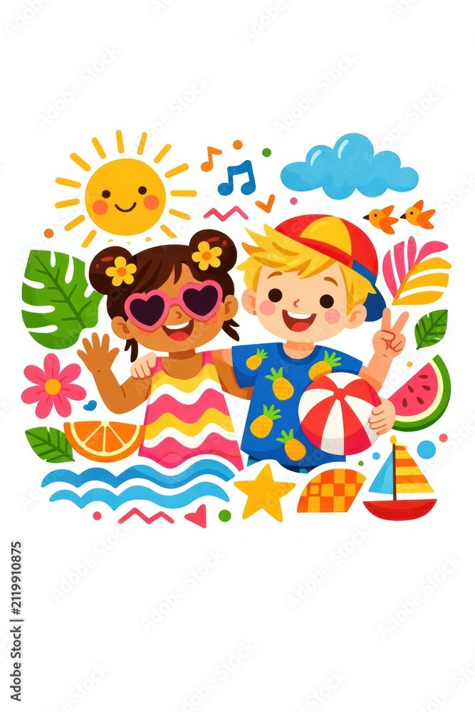Naklejka premium Joyful kids enjoying a vibrant summer day illustration.