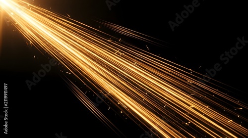 A radiant golden light streak effect with sparkling particles on a black background, representing speed and energy
