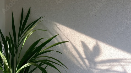 Close-up of a plant with long, green leaves. the plant is placed against a white wall, casting a shadow on the right side of the image. the leaves are long and slender, with a pointed tip.
