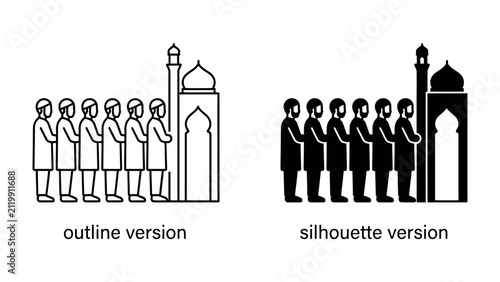 Fotografie Muslim prayer lines: A line of Muslim people standing in prayer before a mosque, presented in both outline and silhouette versions, symbolizing faith and community
