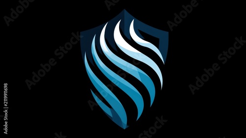 Abstract modern shield logo design with flowing wave shapes and blue gradient elements creating a dynamic and protective emblem on black background for branding