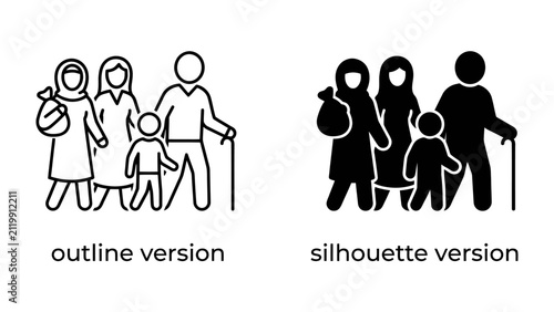 Family Migration Icon Set: Two versions, an outline and a silhouette, depict a family group with a child and an elderly person carrying belongings, symbolizing migration and displacement.