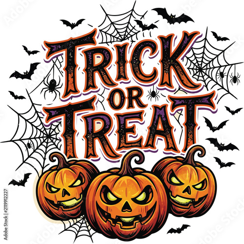 Trick or treat halloween lettering with spooky pumpkins and cobwebs halloween lettering celebration jackolantern illustration