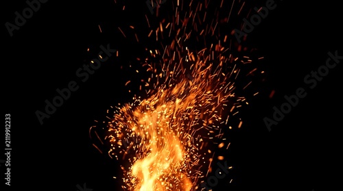 Fiery embers and sparks erupting from a vibrant bonfire against a dark background, symbolizing warmth and energy