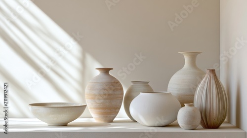 Group of ceramic vases and bowls arranged on a white shelf against a beige wall. there are six vases in total, three of which are tall and slender, with a wide base and a narrow neck.