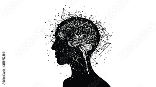 Head silhouette featuring an intricate geometric brain structure represents intellectual depth, neural networks, and the complexity of cognitive processes in a striking black and white graphic design.