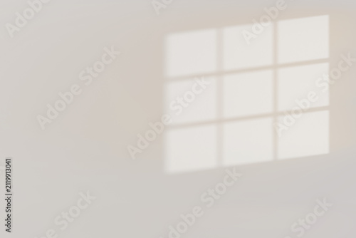 A three-pane window shadow template with sharp clean shapes on an empty white wall with copy space. Bright sunlight with a sharp shadow overlay effect. Minimalist interior background mockup, 3D render