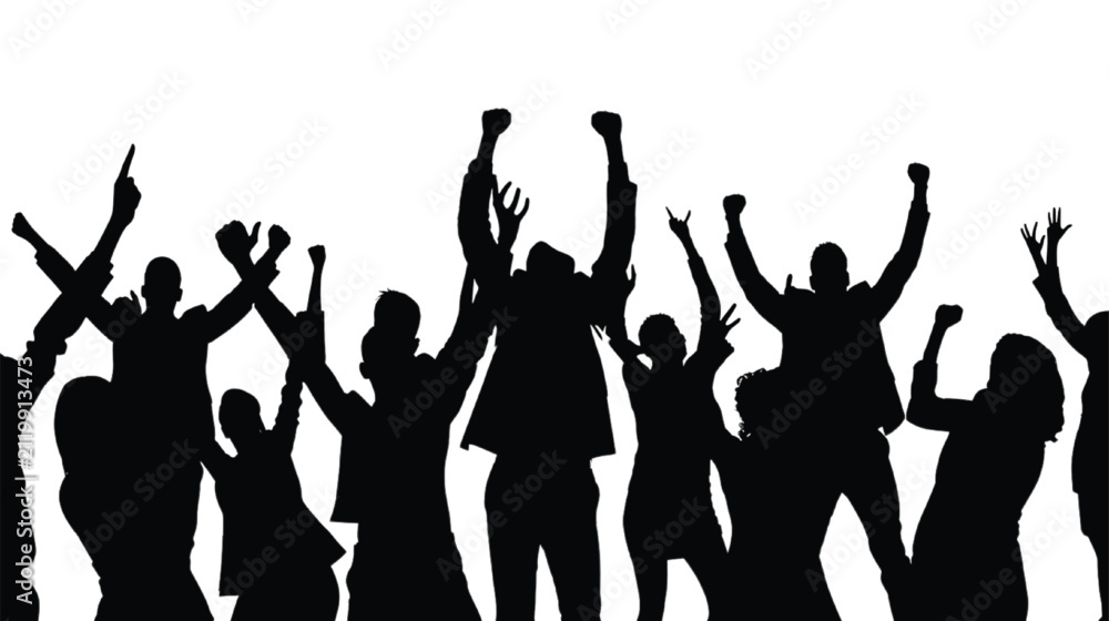 Fototapeta premium People silhouettes stand with arms raised high in a triumphant gesture of collective victory and intense celebration that represents high-energy team synergy against a clean, stark white backdrop.