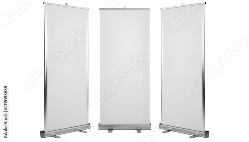 Blank Roll Up Banner Mockup Set Three Vertical Stand Displays Isolated White Background