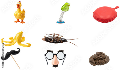 A playful collection of classic prank props and gag accessories for jokes and party fun.
