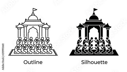 Religious Ceremony Icon: Two stylized icons, one an outline and the other a silhouette, depict a group of people participating in a religious ceremony before a temple-like structure.