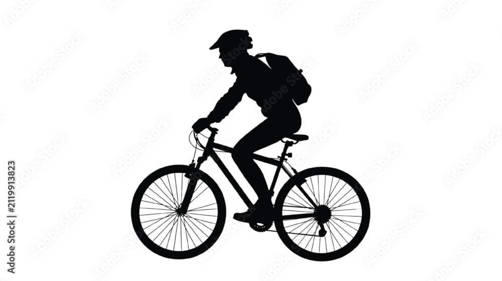 Fototapeta premium Cyclist riding a mountain bike appears as a solid black silhouette against a bright white background to emphasize active lifestyle, outdoor fitness, and sustainable urban transportation.