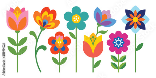 Vibrant folk art style floral set traditional blooming flowers vector illustration