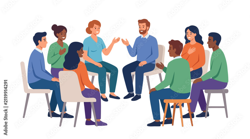 Obraz premium Multicultural diverse group of people sitting in circle for community support meeting flat vector illustration