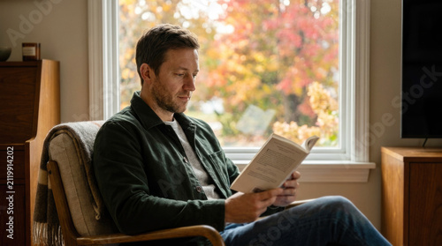 Man sitting comfortably in armchair reading book near large window during autumn season
