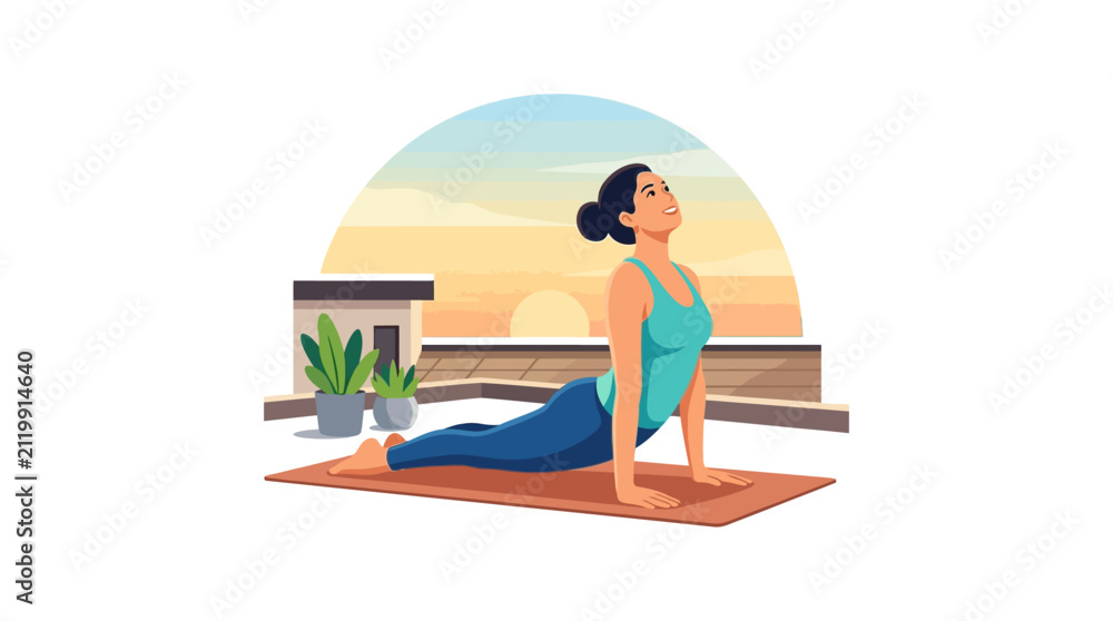 Fototapeta premium Young woman practicing cobra yoga pose on a rooftop during sunrise for morning wellness flat design vector illustration.