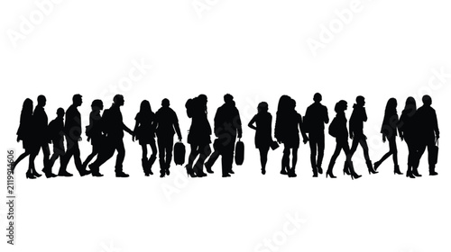 Pedestrians walking across an urban space are depicted as distinct black silhouettes against a stark white background to emphasize a busy crowd moving forward in a rhythmic and organized fashion.
