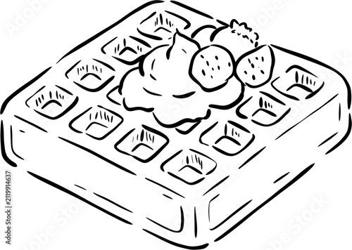 Canvas Print Hand-drawn waffle with whipped cream and strawberry line art illustration, cute belgian waffle doodle, black and white bakery clipart isolated on white background