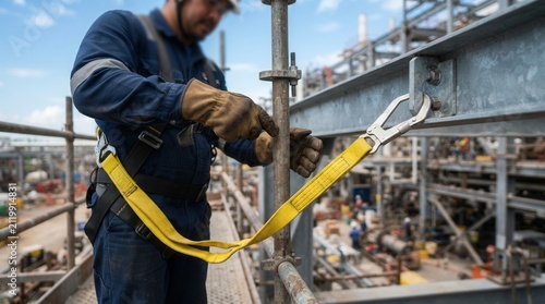 Person hands wearing blue jacket brown A construction worker in gloves is attaching safety lanyard