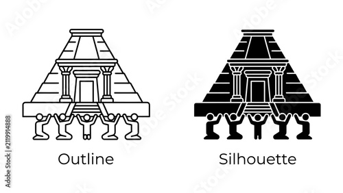 Foto Ancient Monument Support: Two iconic depictions, an outline and a silhouette, showcase a colossal ancient monument being supported by a group of small figures