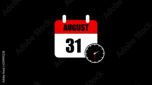 August 31 Calendar with Clock Animated Icon Schedule Reminder Date Event Planner Time Management Business Organizer Symbol Isolated Black Background.