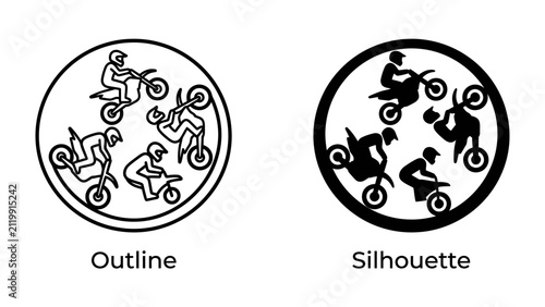 фотографія Motocross Action in Circles: A graphic representation of motocross riders depicted in both outline and silhouette form within circular frames, showcasing dynamic action and sporty energy