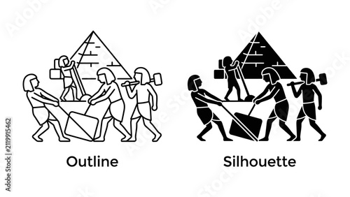 Foto Ancient Egyptian Pyramid Construction: A depiction of ancient Egyptians laboring to build a pyramid, shown in both outline and silhouette form