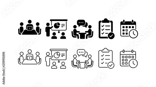 Business Meeting and Planning Icon Set in Silhouette and Outline Vector