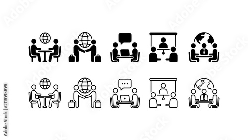 Business Meeting and Global Communication Icon Set in Silhouette and Outline Style