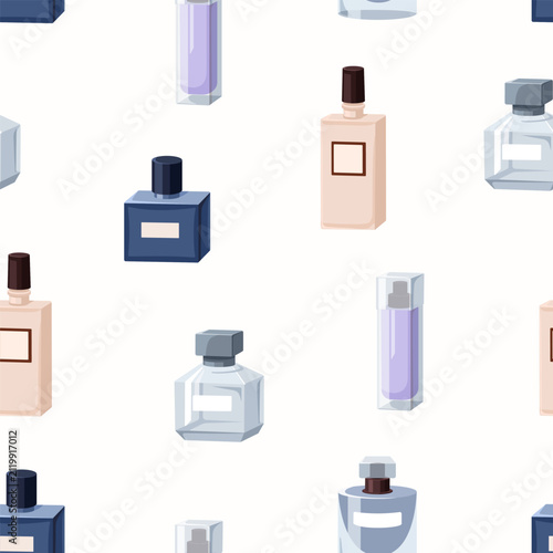 Perfume, seamless pattern design. Odor bottles, jars, endless background. Eau...