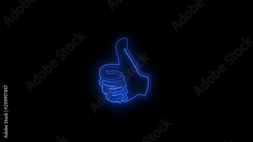 Glowing Blue Neon Thumbs Up Animated Icon Like Button Social Media Approval Hand Gesture Line Art Isolated Black Background.