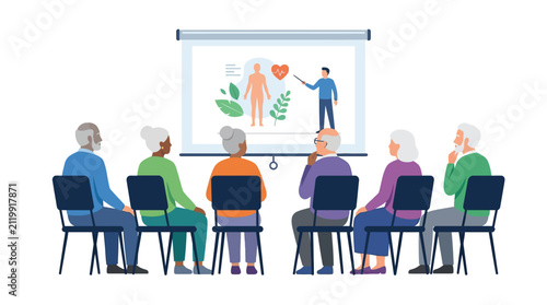 Diverse group of senior citizens attending health seminar about wellness and human anatomy flat vector illustration.