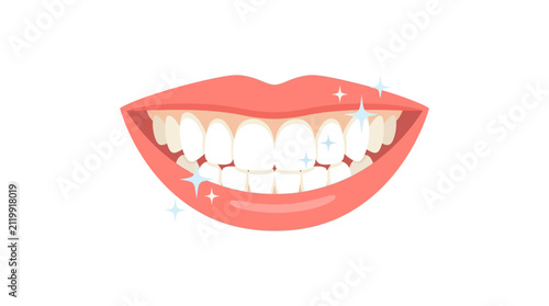 Healthy white teeth smiling with pink lips and sparkling glimmers for dental care flat design