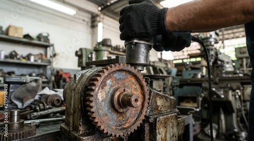 Person hand wearing black gloves using Worker a sandblaster tool in cabinet to clean
