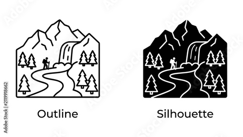 Foto Mountain Landscape Icon Set: A versatile collection featuring two distinct icons of a mountain landscape, one in outline and the other as a silhouette, showcasing a winding path, waterfall, trees