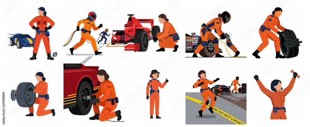 Obraz premium Professional female pit crew characters set performing car maintenance and tire changes during motorsport racing event