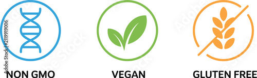Vegan, Non GMO and Gluten Free Icons Featuring Colorful Nutrition Labels for Organic Food Packaging Vector Illustration