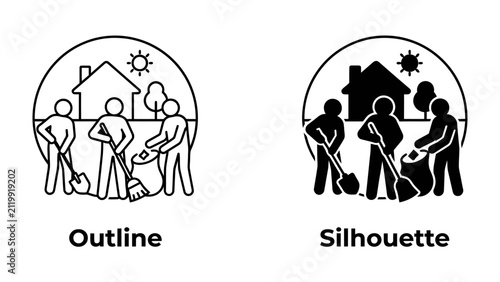 Community Cleanup Icons: Two simple graphic representations, an outline and a silhouette, depict a group of people working together to clean up their neighborhood.