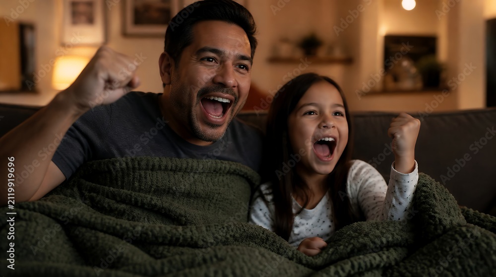Fototapeta premium Excited father and daughter cheering while watching television at home.