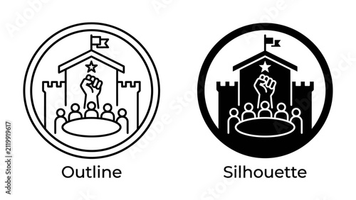 Protest and Assembly Icon: Two circular icons depict a gathering of people around a table within a fortress-like structure, with a raised fist symbol and a flag at the top, representing protest.