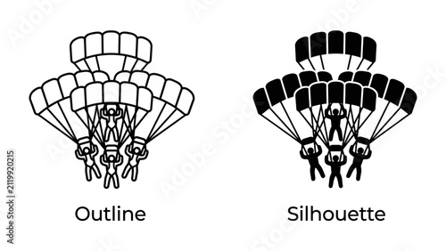 Quadro su tela Parachutist Formation: Two distinct illustrations depict groups of parachutists in mid-air, one in outline style and the other in silhouette, showcasing formation skydiving