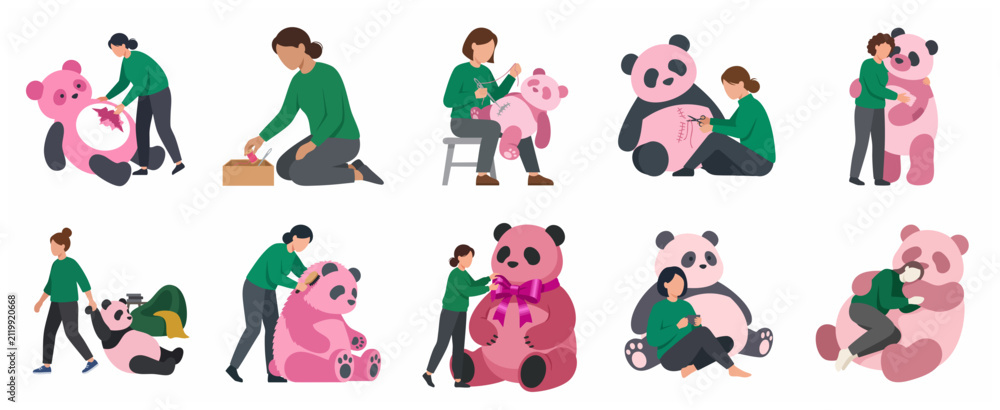 Fototapeta premium Vector illustration set of a woman repairing, caring for and relaxing with a giant pink panda plush toy