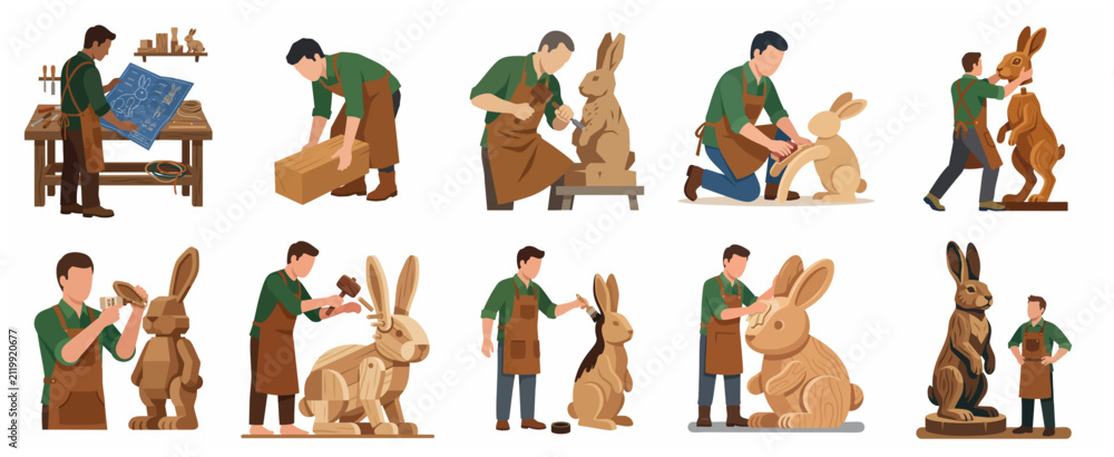 Fototapeta premium Woodworker crafting wooden rabbit sculptures process set, carpentry workshop illustration of a man carving and painting bunny figures