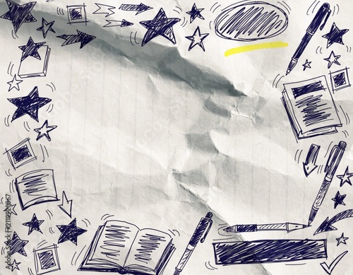 A crumpled lined paper with blue ink hand drawn school doodles border