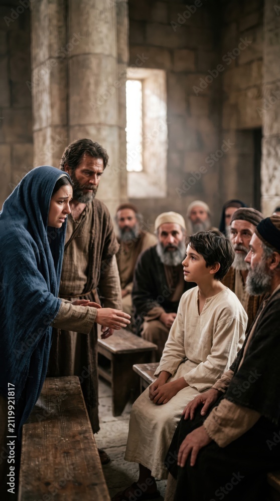 Fototapeta premium Virgin Mary and Joseph finding the boy Jesus sitting in the temple among the teachers. Biblical scene of Jesus in Jerusalem at twelve years old. Religious narrative from Luke chapter 2.