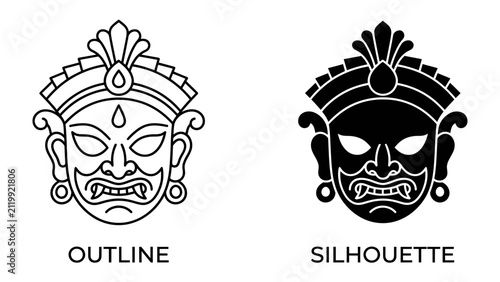 Картината върху платно Tribal Mask Design: A striking depiction of a tribal mask, presented in both outline and silhouette form, showcasing intricate cultural artistry and ancient symbolism